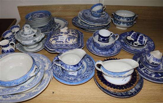 A Staffordshire pottery blue and white vegetable tureen and a quantity of other blue and white ceramics